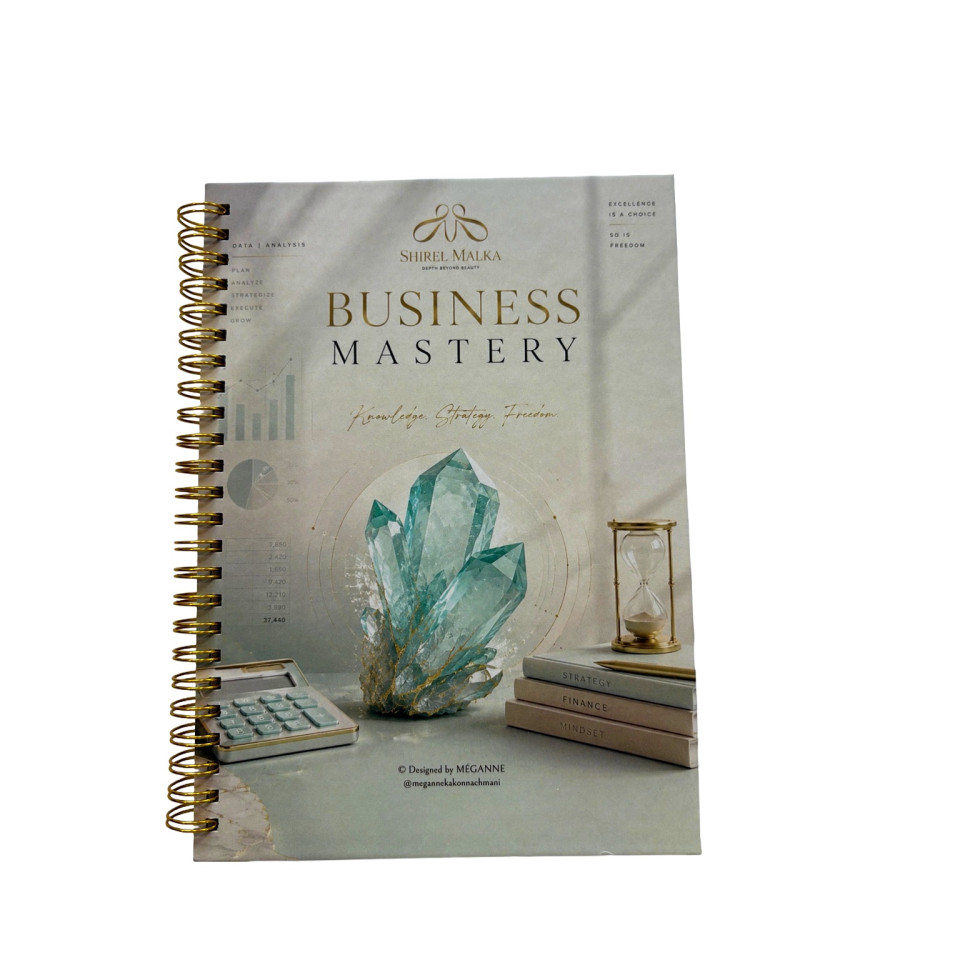 מחברת BUSINESS MASTERY עם איור גביש וספירלה בגוון זהב